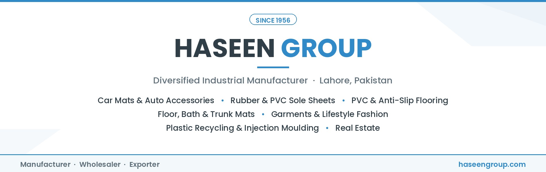 Haseen Group – diversified industrial manufacturer in Lahore, Pakistan since 1956: car mats, PVC & rubber sole sheets, flooring, mats, garments and plastic recycling