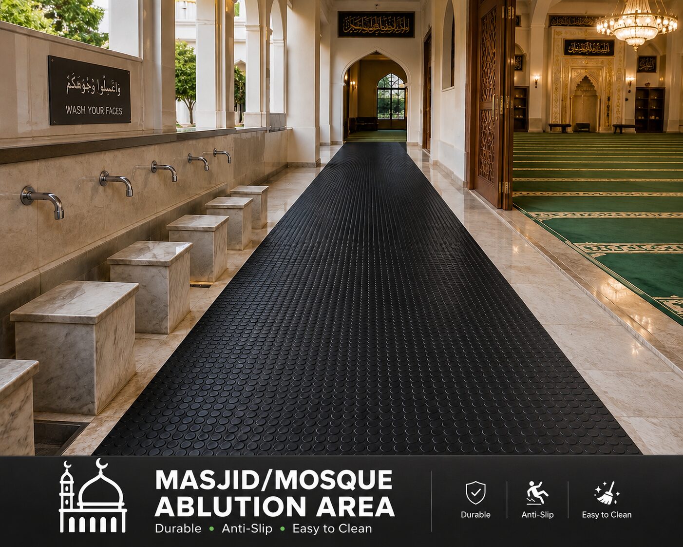 Haseen anti-slip PVC rubber flooring in masjid wuzu ablution area - mosque flooring Pakistan