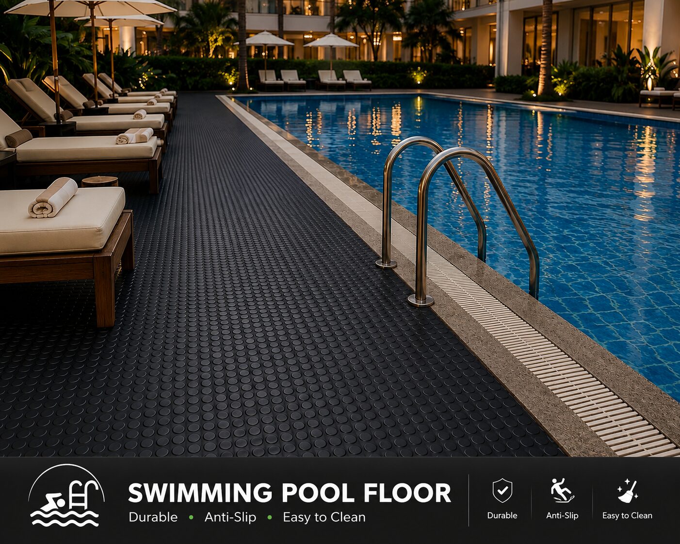 Haseen anti-slip rubber flooring on swimming pool deck - wet area safety flooring Pakistan