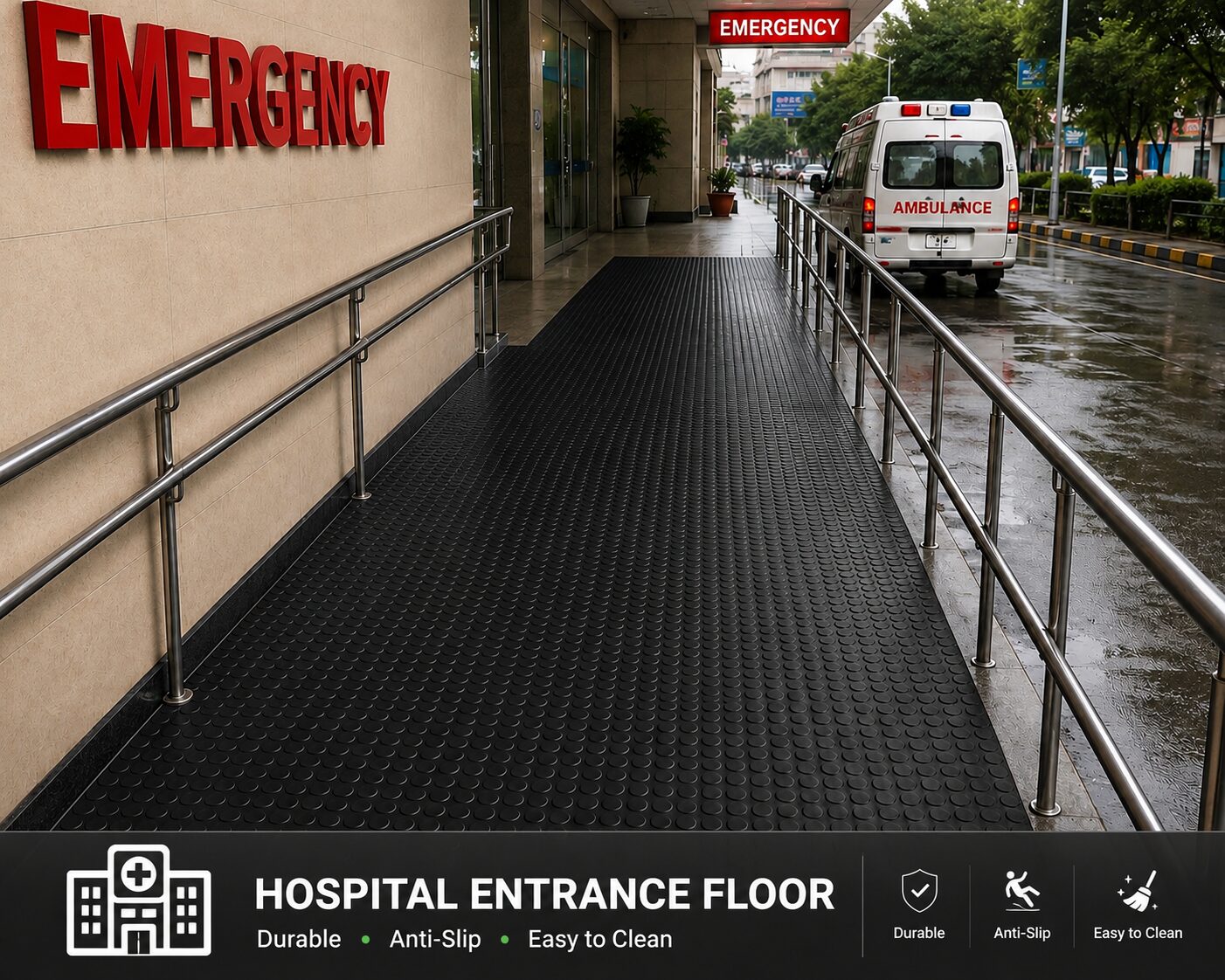 Haseen rubber flooring roll on hospital entrance ramp - anti-slip wheelchair ramp flooring Pakistan