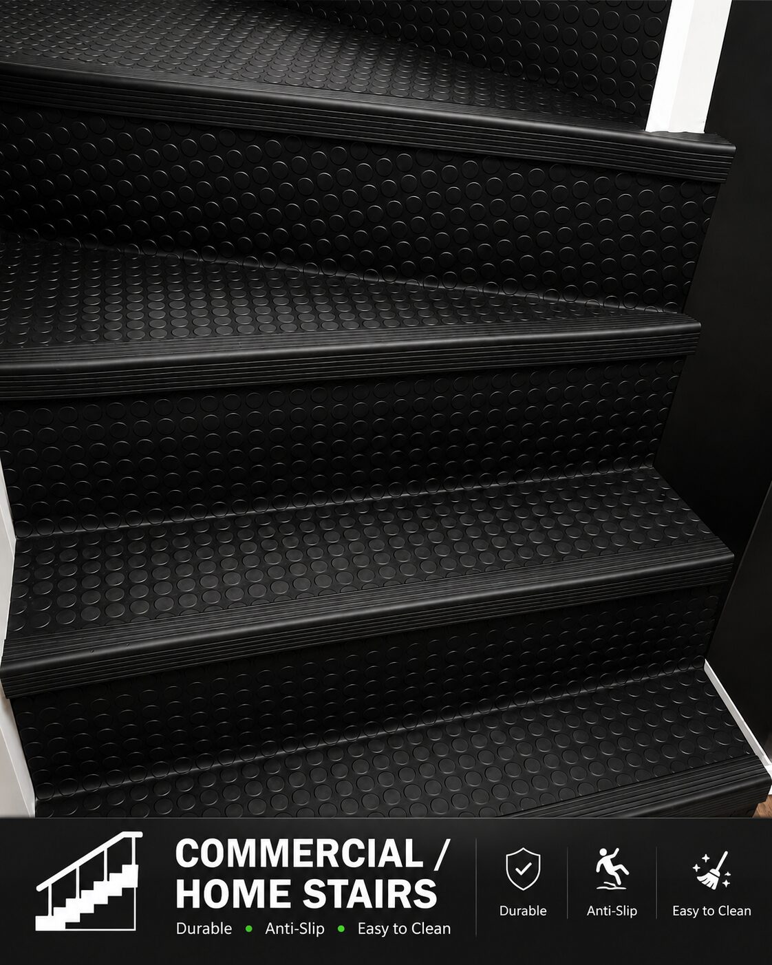 Haseen coin rubber flooring sheet on commercial and home stairs - anti-slip stair covering in Pakistan