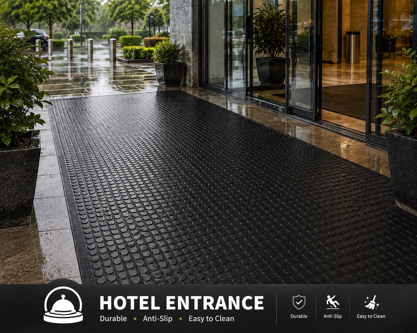 Haseen coin rubber flooring at hotel entrance gate - waterproof anti-slip entrance flooring Pakistan