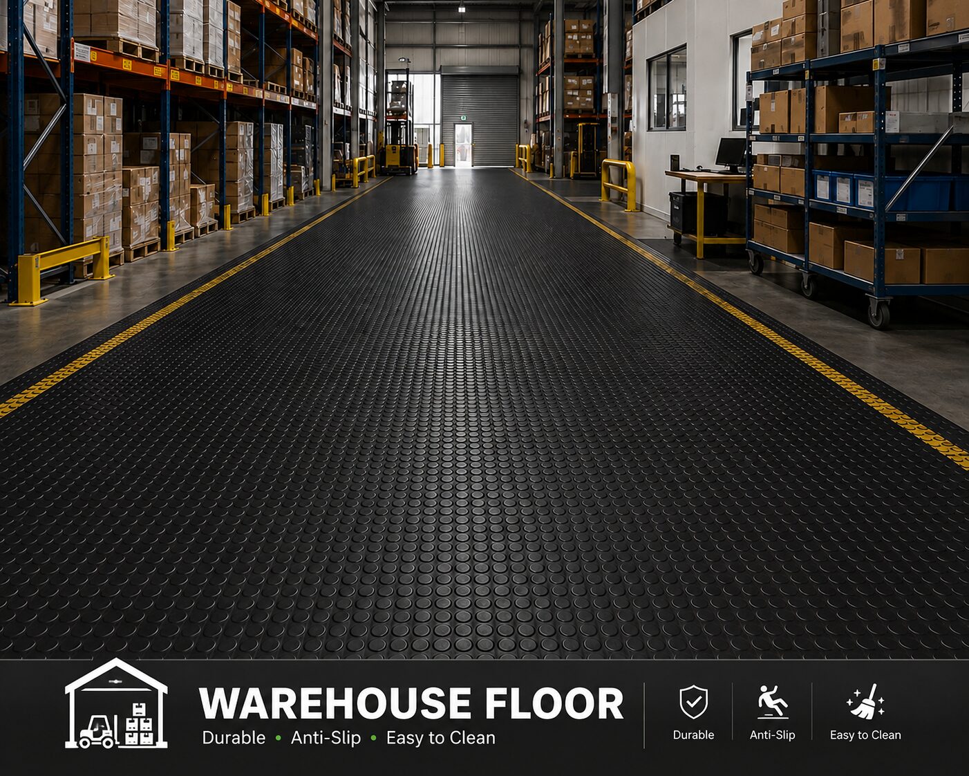 Haseen heavy duty rubber flooring sheet on warehouse floor - industrial anti-slip flooring Pakistan