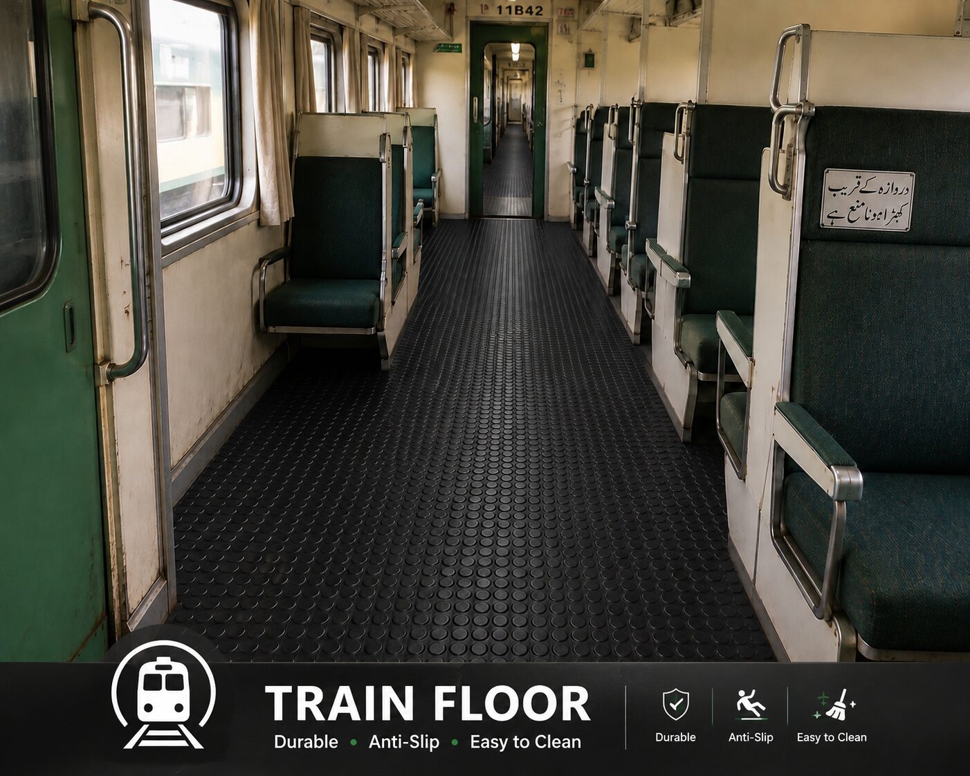Haseen rubber flooring sheet on train floor - durable anti-slip transport flooring Pakistan